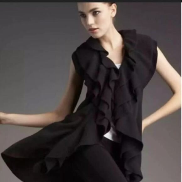 Alice + Olivia ANGORA CASHMERE Size M Cardigan Sweater Vest BLACK Ruffles $500 - Picture 3 of 11